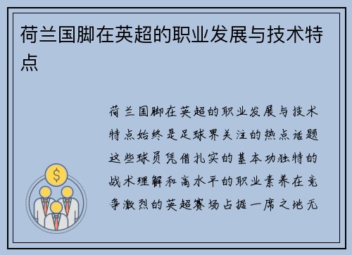 荷兰国脚在英超的职业发展与技术特点